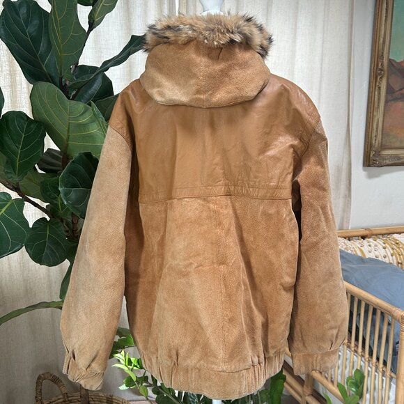 Vintage Brown Suede & Leather Fur Hood Parka 90s Streetwear Cabincore Jacket L - Picture 4 of 16
